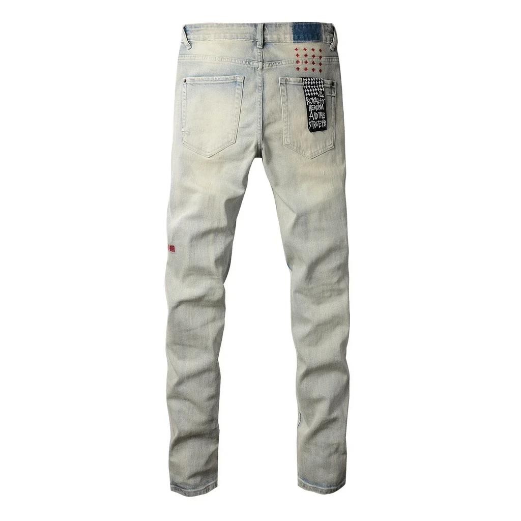 VibeStreet New Jeans Men Paint Hole Trendy American High Street Trend Low Rise Stretch Skinny Pleated Ripped Jeans
