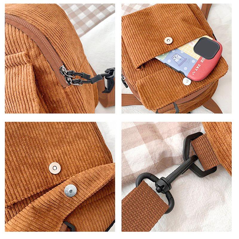 Women Fashion Travel Small Casual Daypacks Lightweight Simple Corduroy Double Shoulder Bag School Backpacks