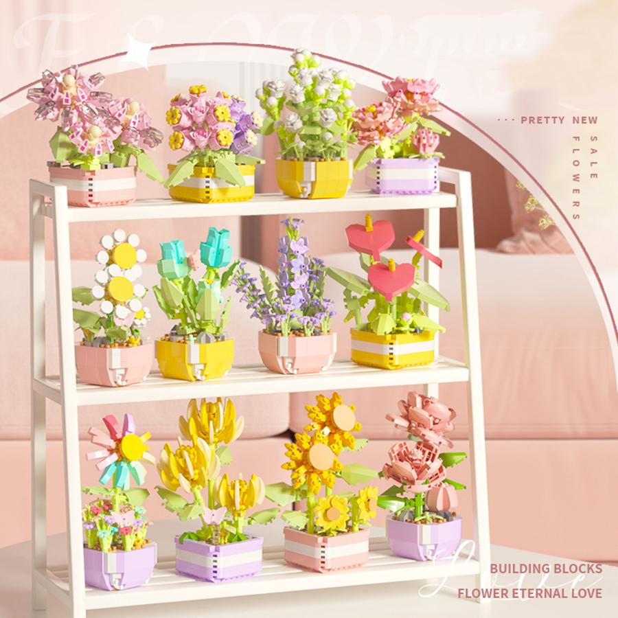Mini Potted Building Block Sets Plastic Flowers Blocks Kids DIY Educational Toys Decoration For Home