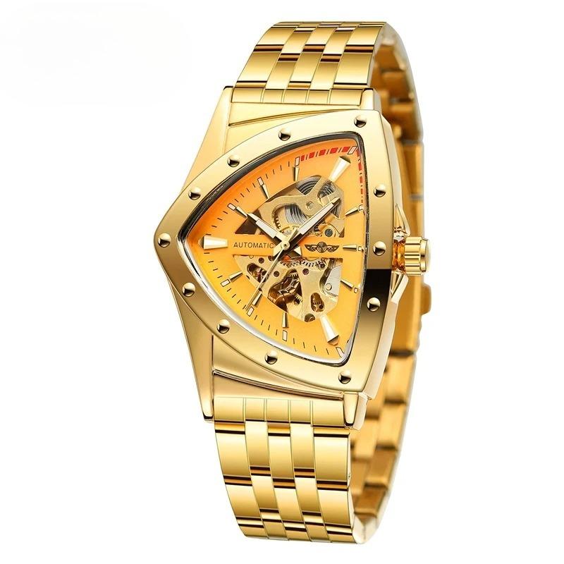 Men s Mechanical Watch Triangle Skeleton Stainless Steel Strap Waterproof Watches for Men Luxury Business Wristwatch