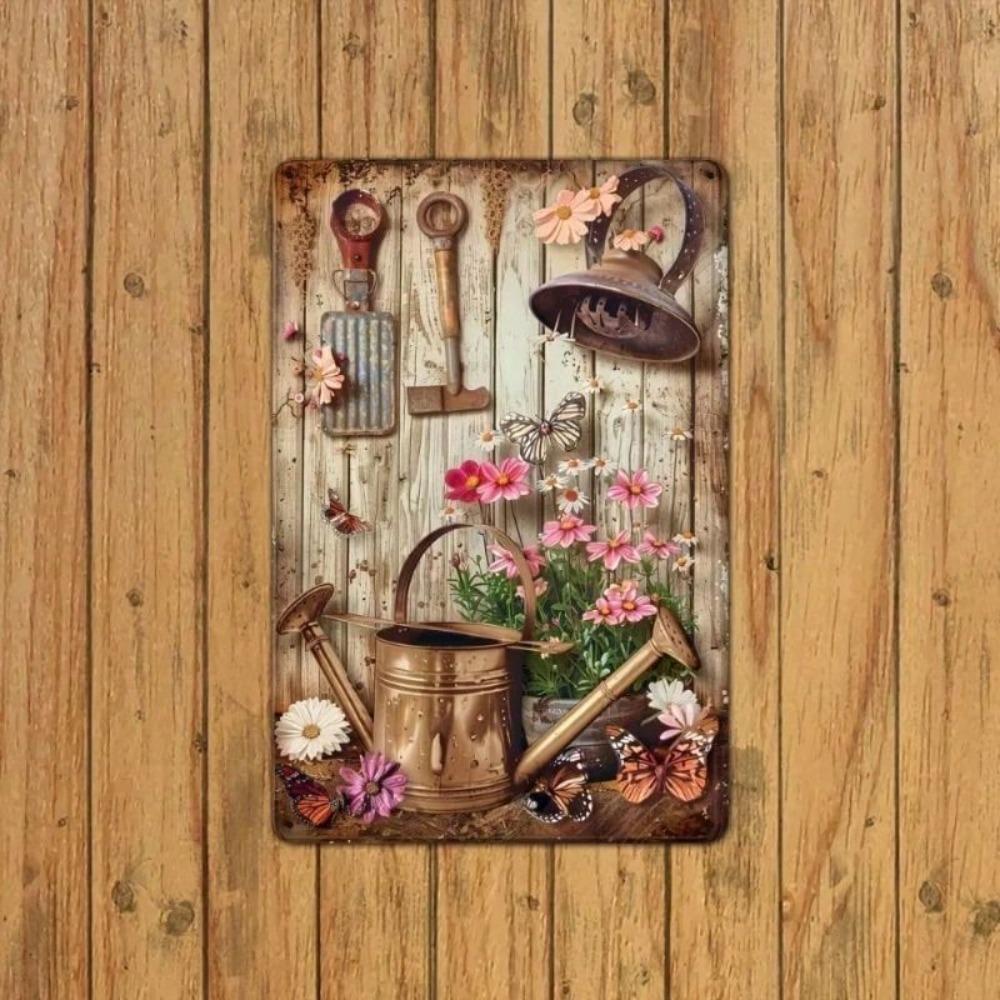 Retro Iron Rose Watering Can Metal Poster, Wall Art for Home Garden Garage