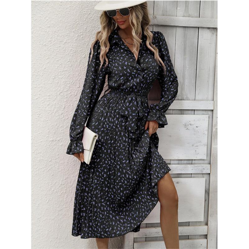 

Весенне-осеннее женское платье, модное плиссированное свободное платье с длинными рукавами и завязками XL чёрный