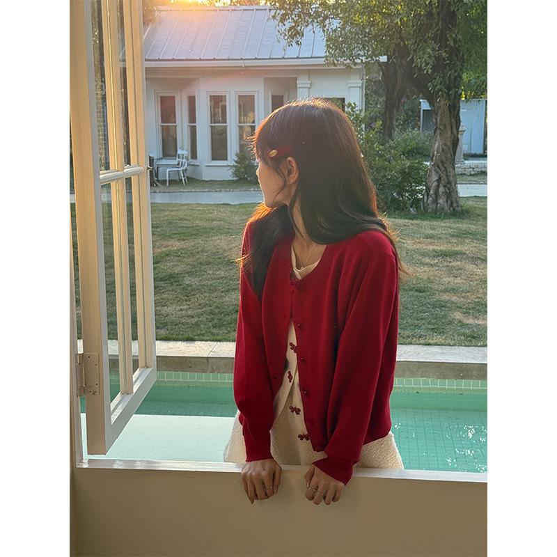 Christmas red outfit fake two-piece bow long-sleeved bottoming knitted cardigan for women in autumn and winter with round neck slim fit top