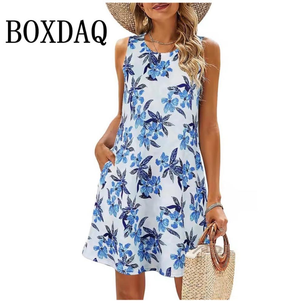 Dresses For Women Fashion Women S Casual Print Summer Bohemian Beach Dress With Pockets O-Neck Tank Dress Loose Sundress S