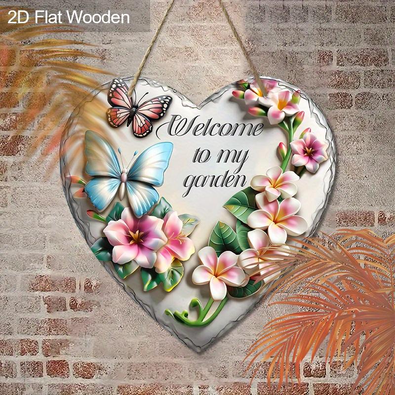 Wooden Welcome Sign with Heart-shaped - Rustic Decorative Plaque with Butterflies & Flowers Pattern - Ideal for Lawn, Cottage Decorations
