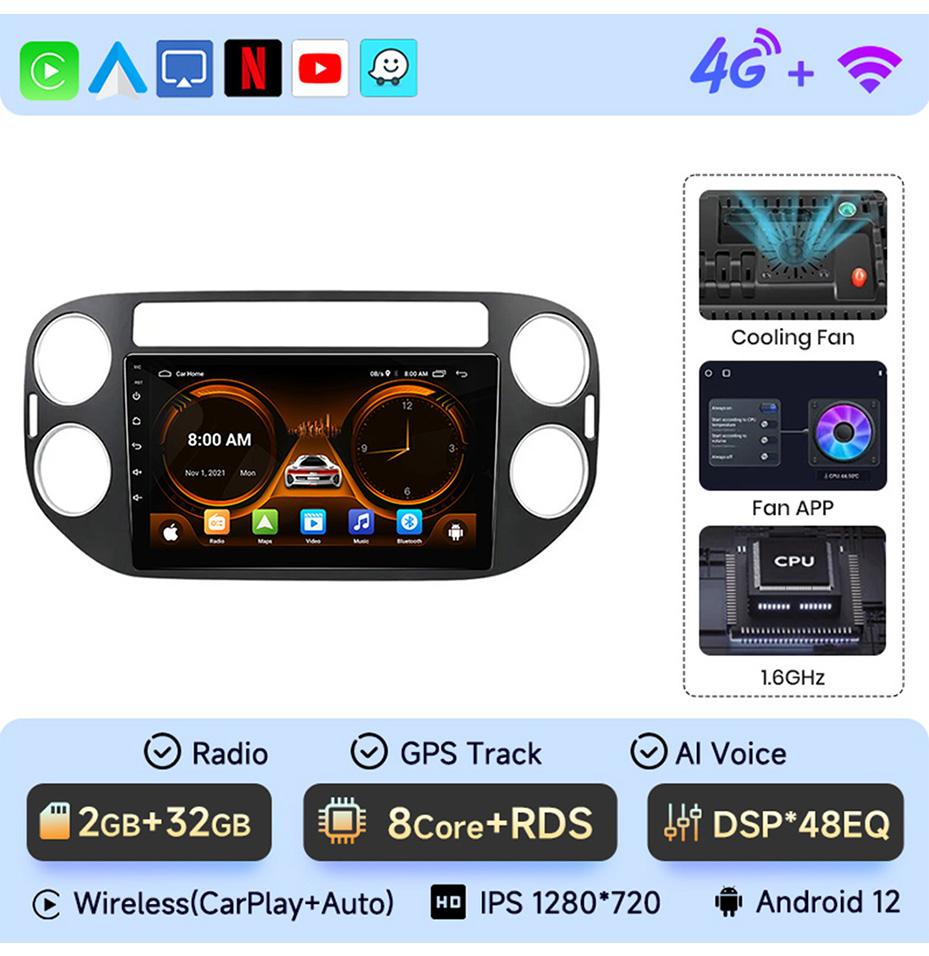For VW Volkswagen Tiguan 1 NF 2006 -2016 2 Din Android 12 Car Radio Multimedia Video Player Stereo Carplay Auto 4G Head Unit GPS