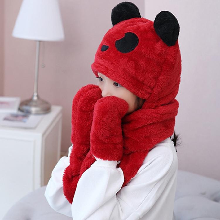 Kapuzenschal Mütze Nackenwärmer mit Tasche Fäustlinge Panda Ohren Kinder Plüsch Ohrenklappenmütze