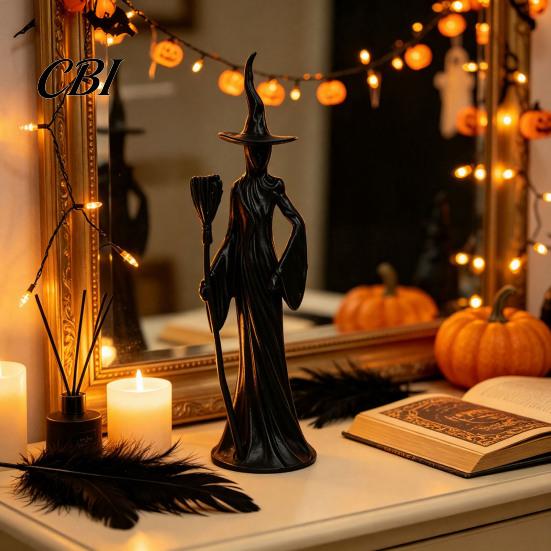 Indoor Outdoor Yard Decor Cute Witch Cat Resin Figurine, Halloween Garden Statue, Spooky Home Collectible Figures Ornaments for Patio Balcony