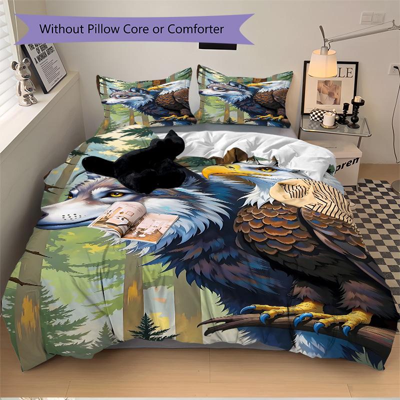 3pcs Wolf Eagle Forest Fantasy Duvet Cover Set, 1 Duvet Cover + 2 Pillowcases (No Insert), High-Definition Print, Home & Dorm Yy251123045