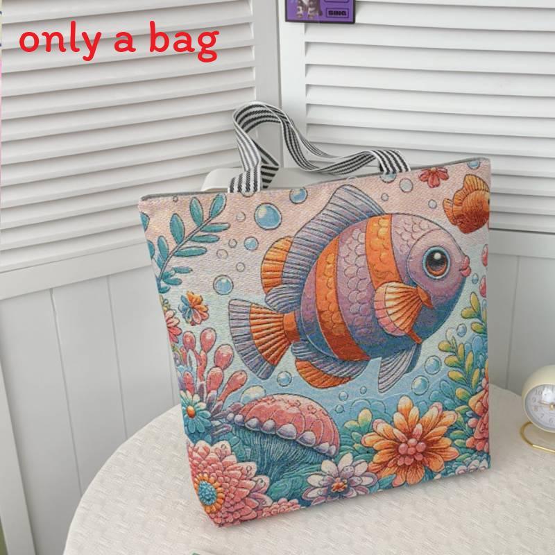 Cartoon Canvas Tote Bag Large Capacity Embroidered Floral For Casual Travel