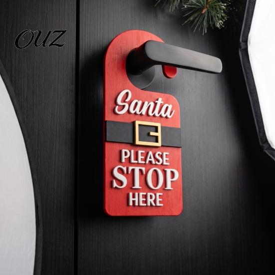 Front Door Decoration Christmas Hanger Sign with Santa Please Stop Here Text, Wooden Home Welcome Claus Belt Hanging for Holiday Party Decor
