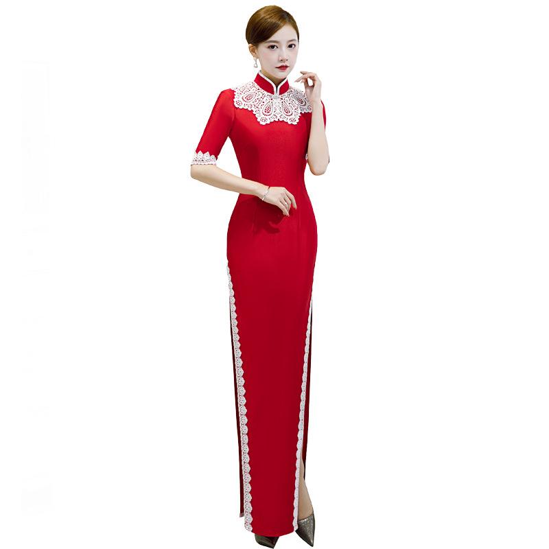 Long improved version Young medium-sleeved etiquette Bride mother wedding dress catwalk cheongsam New autumn and winter