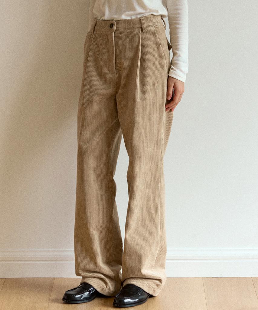 OURHOPE Corduroy One-Pleat Relaxed Pants - Beige
