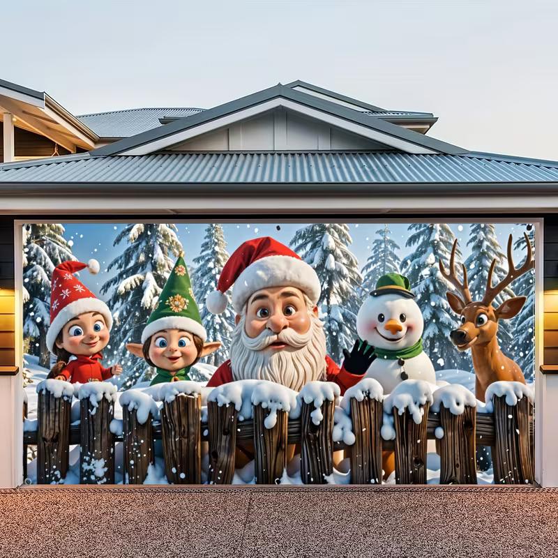 2D Christmas Garage Door Decoration Santa, Elves, Snowman & Reindeer Banner