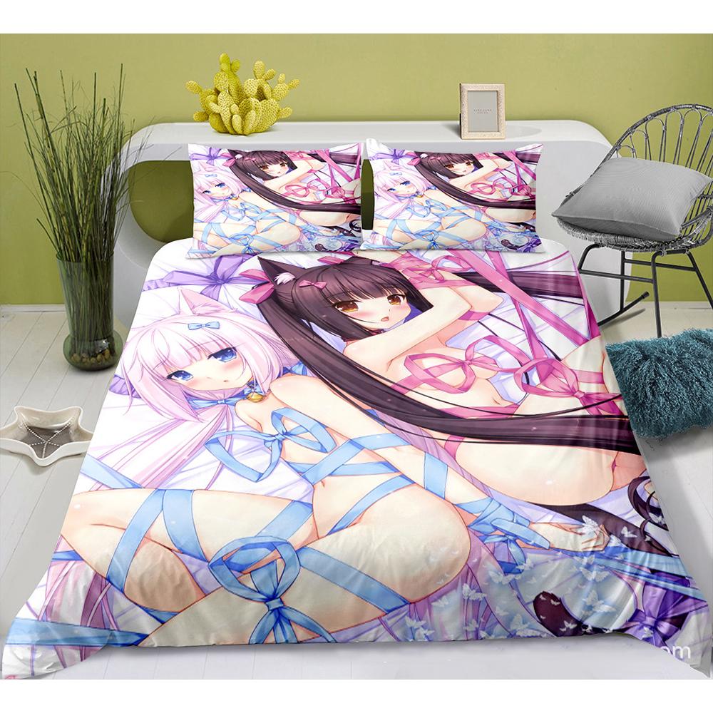 Cute Anime Cat Maid Pattern NEKOPARA 3pcs Bedding Set Game Printing Duvet Cover and Pillowcase Bedroom Decorate for Otaku Teens