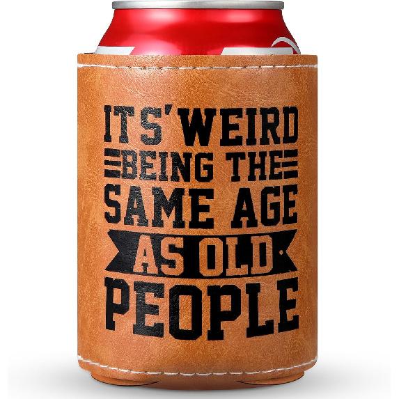 Honeydak Father Gift Leather Can Cooler Sleeves for Dad 12oz Beer Drink Coolers for Old Man Grandpa Husband Him Funny Gag Gifts Birthday Retirement