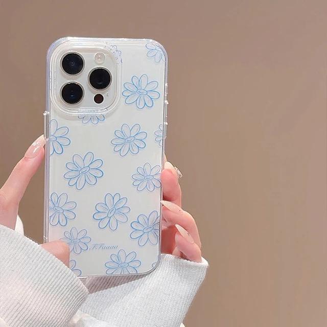 ins Korean blue line flower suitable for Apple iPhone16/17Pro mobile phone case 15IMD13 simple 14