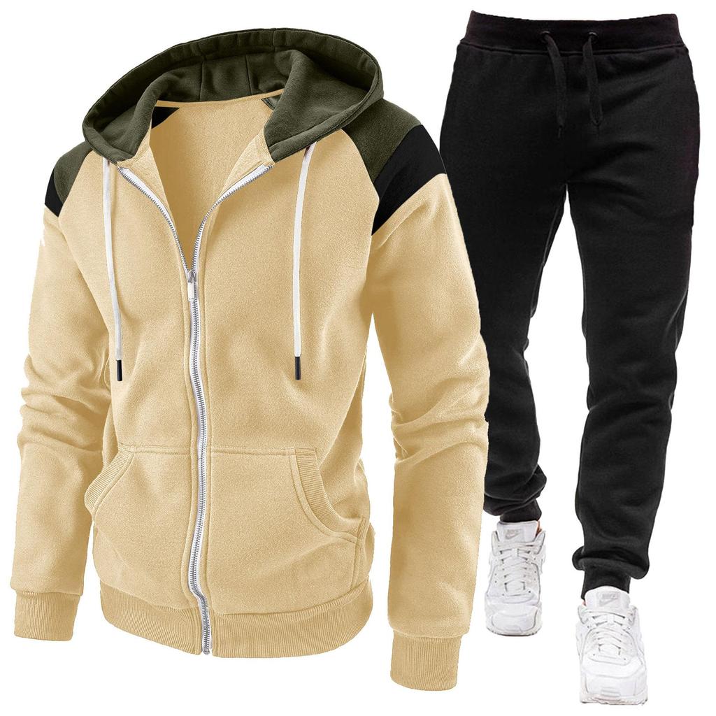 Men's Autumn and Winter Color Matching Hooded Sweatshirt Sweatpants Plus Velvet Casual Sports Suit