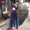 LANGSHA Women's Navy Floral High-Waist A-Line Long Skirt