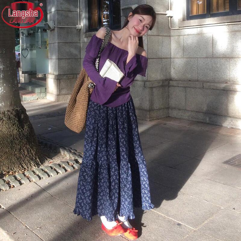 LANGSHA Women's Navy Floral High-Waist A-Line Long Skirt