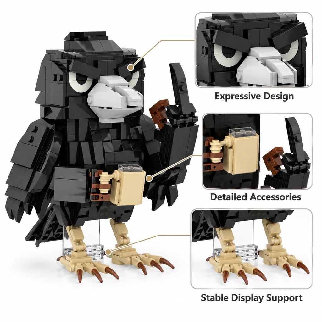 Cute Crow Raven Bird MOC Building Blocks Model, DIY Assemble Bricks Kit, Desktop Table Decor Ornament