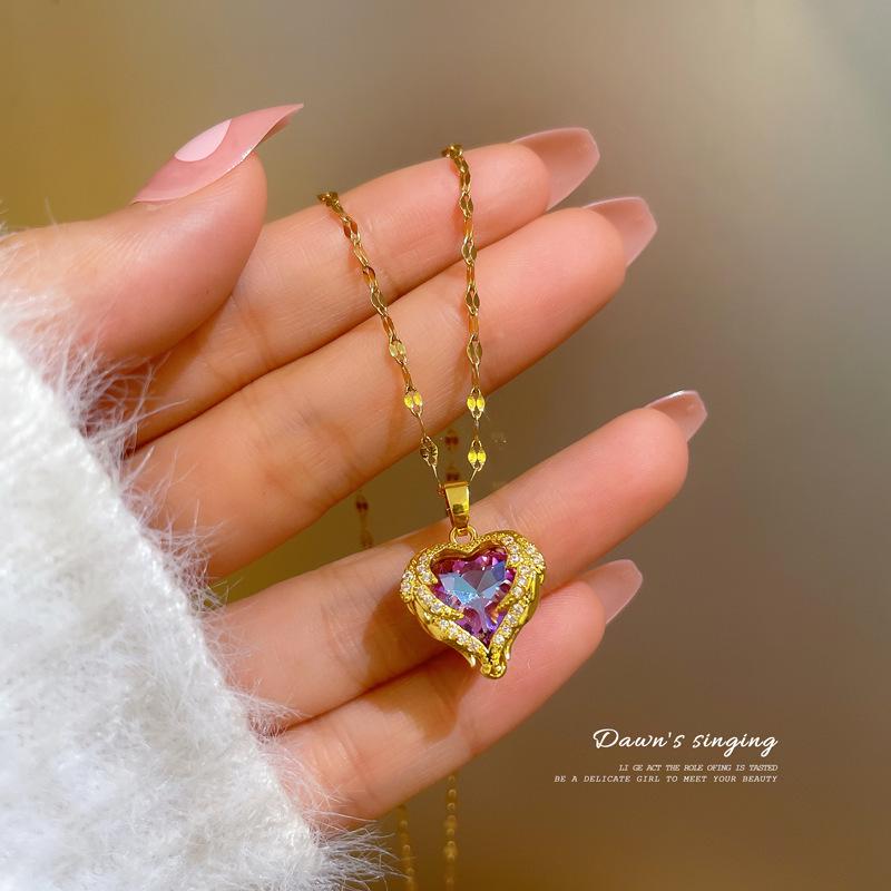 Korean Style Heart Necklace for Women - Light Luxury Clavicle Chain with Zirconium and Colored Crystal Pendant