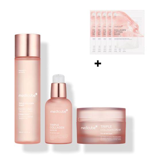 MediCube Triple Collagen 4.0 Skincare Set (Collagen Toner 140ml + Collagen Serum 55ml + Collagen Cream 50ml) + Collagen Mask 5pcs Gift