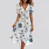 Women's Fashion Casual V Neck Short Sleeve Ruffled Vintage Printed Dresses