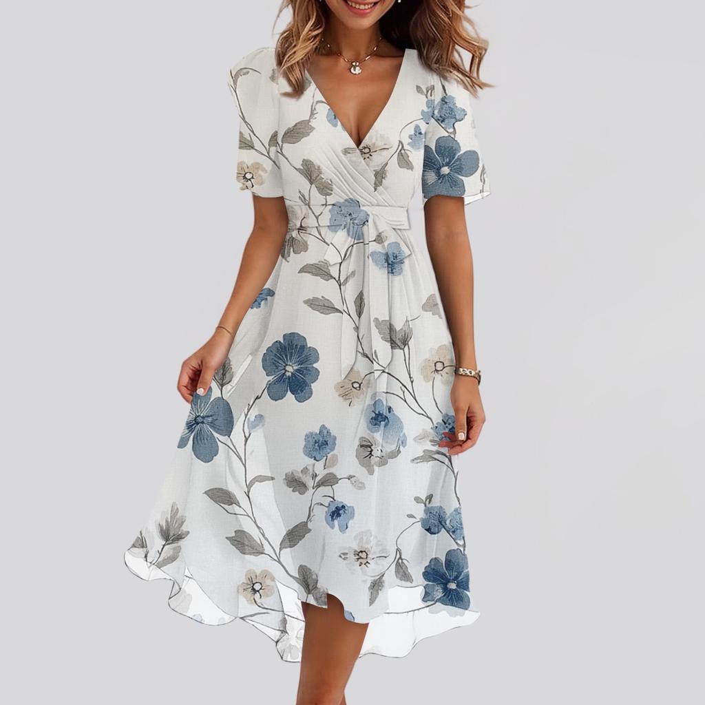 Women's Fashion Casual V Neck Short Sleeve Ruffled Vintage Printed Dresses