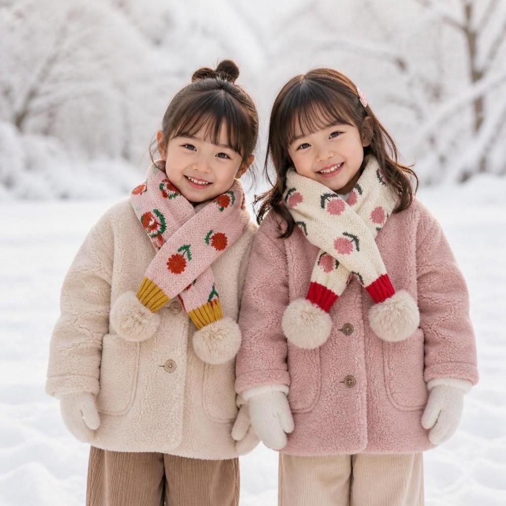 Jacquard Pattern Kids Winter Neckerchief Pompon Baby Girls Scarf Toddlers Warm Scarf  Outdoor Use