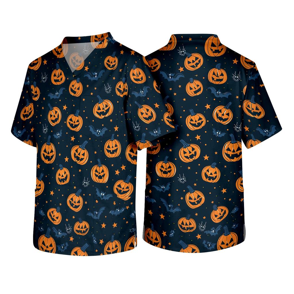 Men's Short Sleeve V Neck Halloween Print Medical Scrub Top with Chest Pocket and Two Lower Pockets Suitable for Healthcare Professionals