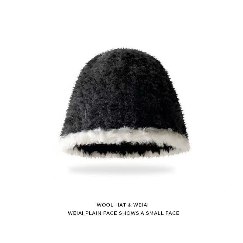 New autumn and winter hats popular bucket hats knitted hats plush thread hats versatile cute face small bucket hats
