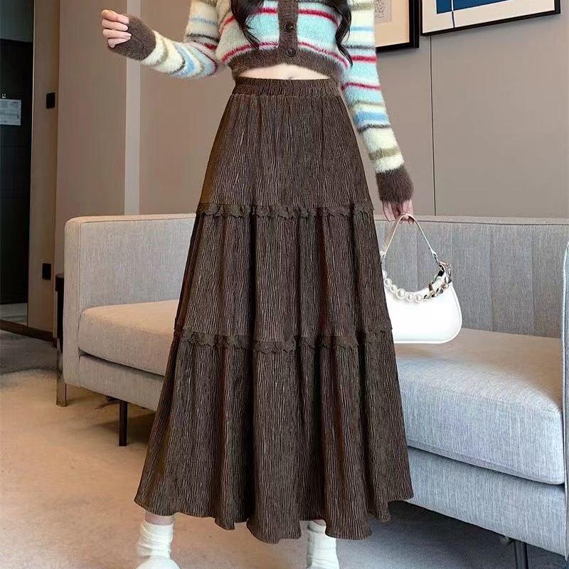 Corduroy Lace Patchwork A-line Drape Skirt for Women - Autumn/Winter 2025 Collection
