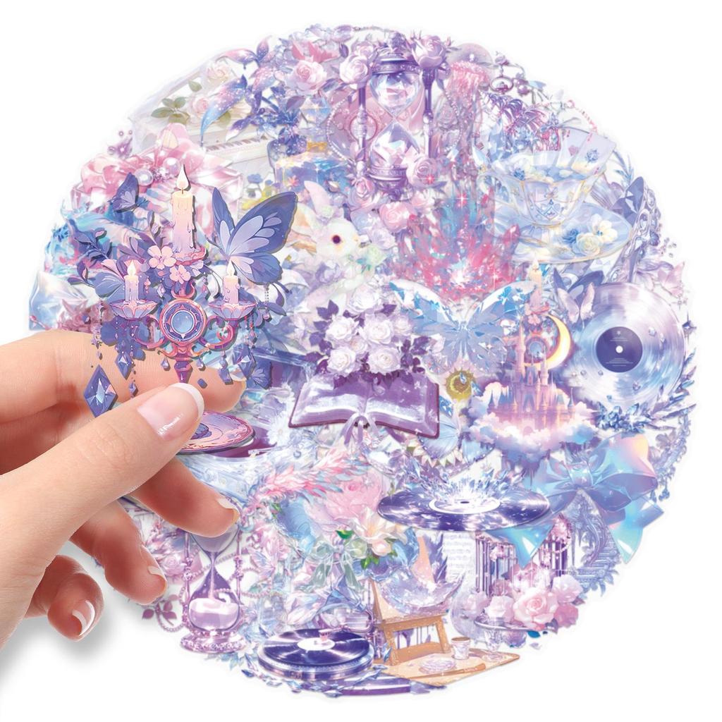 50 Marzycielskich Fioletowych Naklejek na Filiżanki do Herbaty: Wykwintne Przezroczyste Naklejki o Wysokiej Rozdzielczości do Dzienników DIY i Słodkiej Papeterii