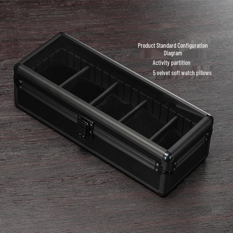 Aluminum Alloy Watch Box with Transparent Lid, 5 Slots, Multiple Colors