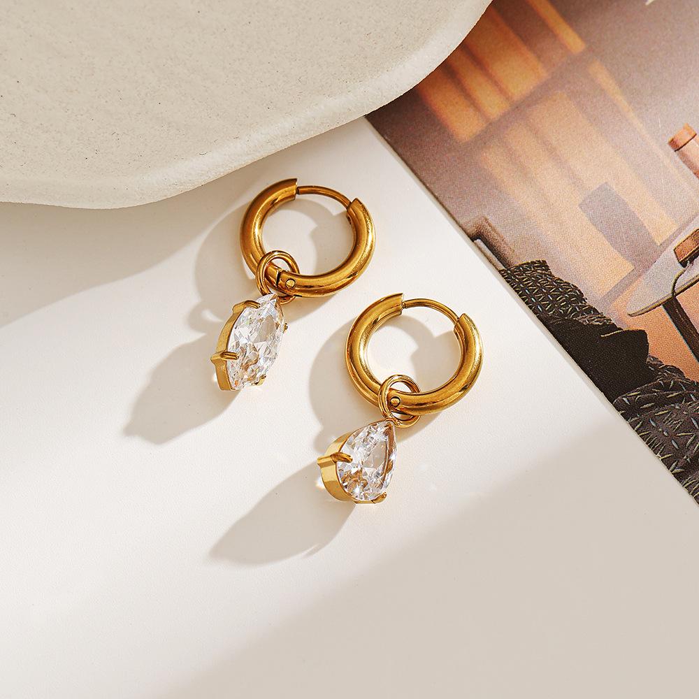 European & American Style Zircon Water Drop Earrings - High Polished Stainless & Titanium Steel, Vacuum Plated 18K Gold, Waterproof.