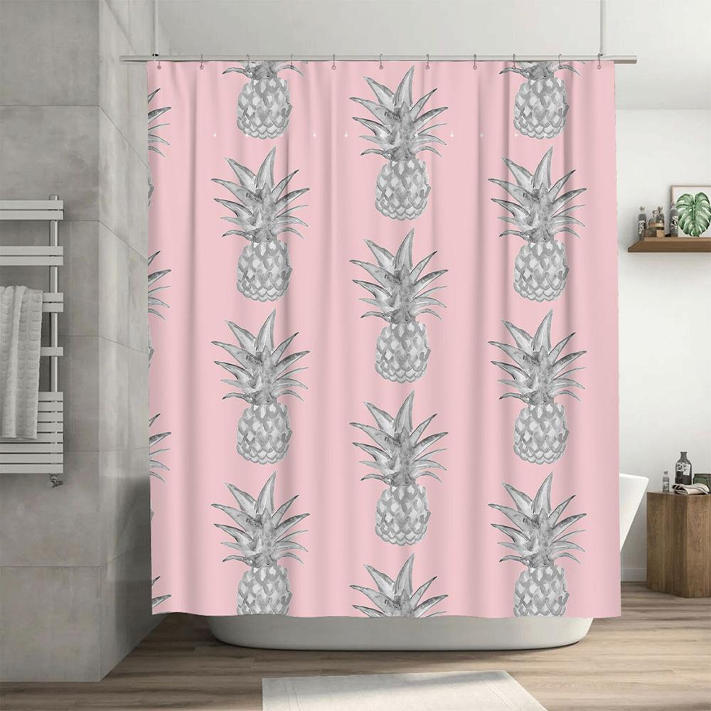 Pineapple Print Shower Curtain Pink Bath Accessories Decor For Kids Bathroom Waterproof Fabric Home Decoration (180X240Cm)