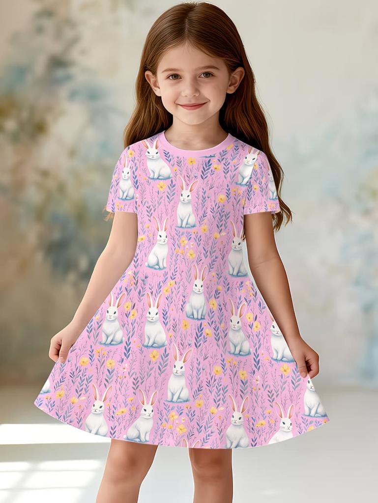 Girl Clothes Cute Rabbit Graphic Printed Girls' Princess Dress Summer Casual Dress for Girls Outfit O-Neck Birthday Gift Clothes