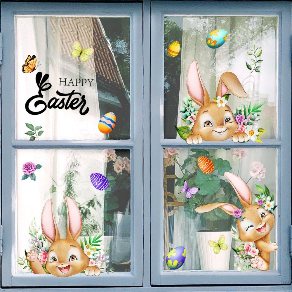 

Bunny Rabbit Electrostatic Glass Sticker Flowers Easter Bunny Egg Window Sticker Home