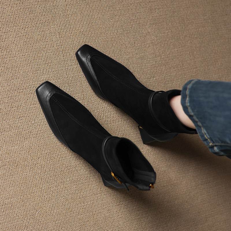 Krazing Pot Flock Cow Skin Square Toe Thick Heels Chelsea Boots Size 42 Beauty Lady Women Modern Fashion Girl Ankle Boots