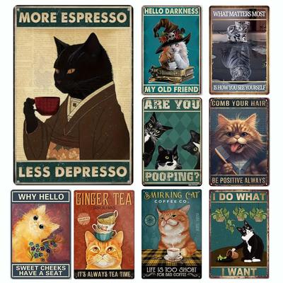 Retro Metalen Blikbord 14 x 20 cm, Meer Espresso Minder Depressie Poster Drinkposter Koffieliefhebber Cadeau Grappige Zwarte Kat Muurkunst