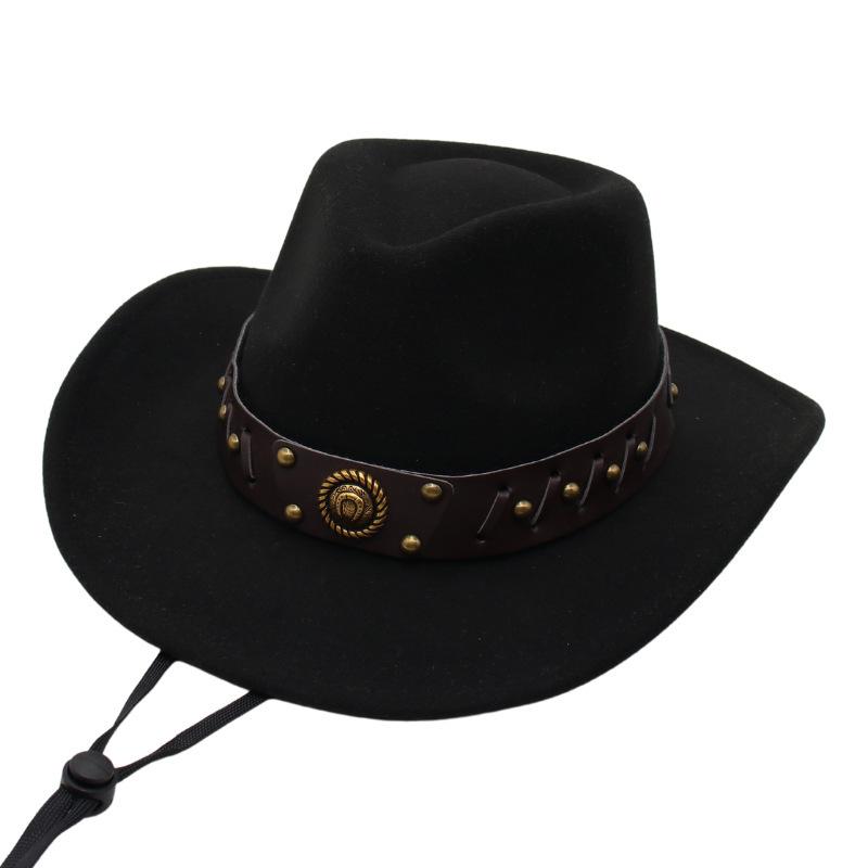 Western Cowboy Hat Tibetan Top Hat Felt Jazz Hat Rolled Edge Felt Hat Rivet Belt Buckle Metal