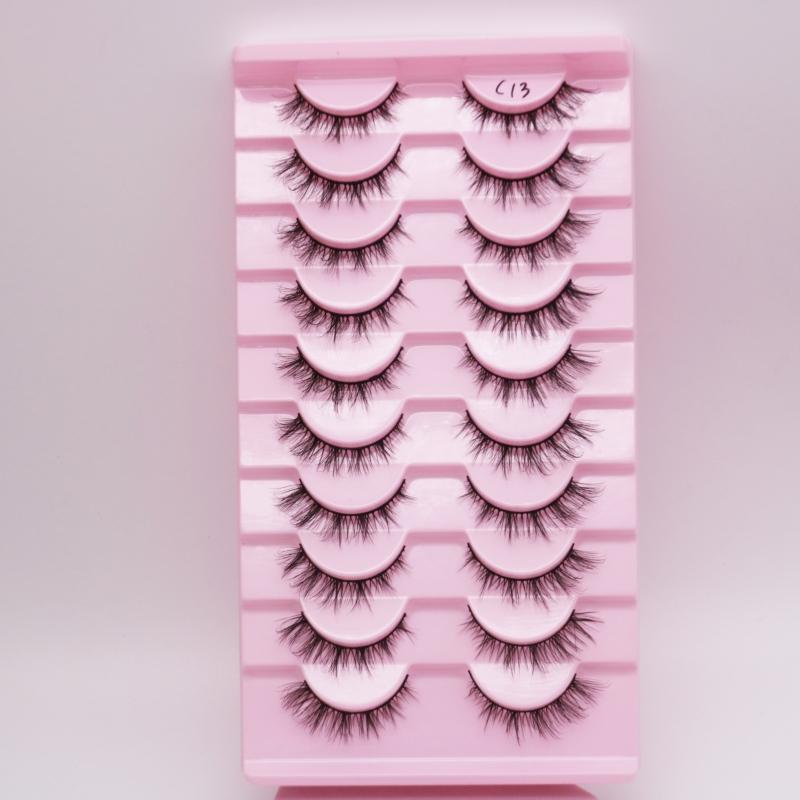 Low Price Glitter Lashes Natural Fluffy Half Lashes Faux Mink Korean Pbt Fiber 10 Pairs 12mm Mink Eyelashes