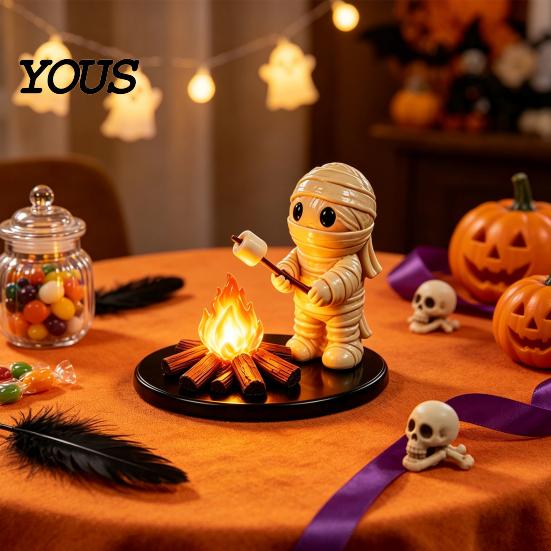 Cute Resin Spooky Decor Halloween Campfire Tealight Holder, Matte Ghost Mummy Scarecrow Figurine, Stable Niche Handmade Art Round Base Table