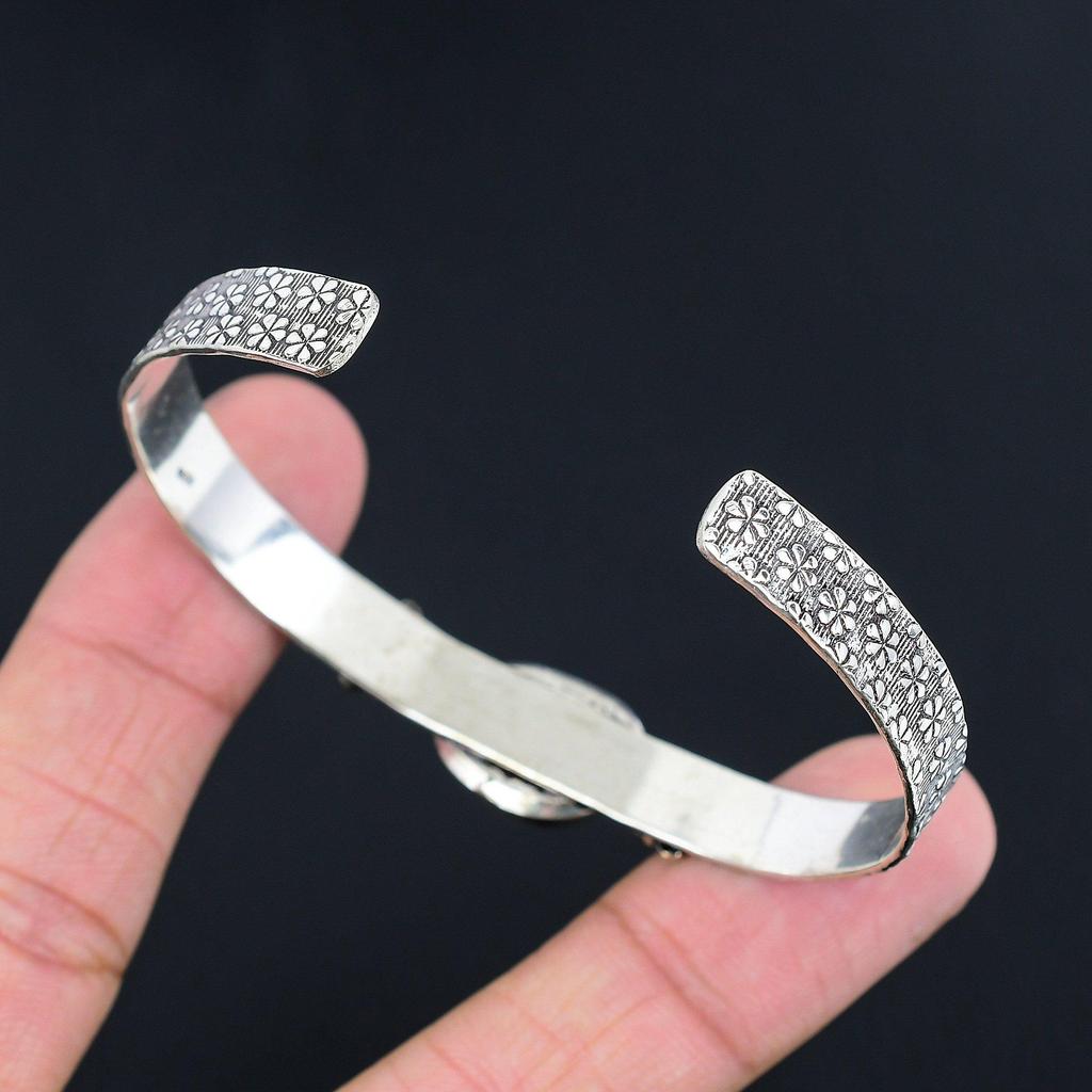 Natural Pink Opal Gemstone 925 Sterling Silver Bangle Adjustable For Women