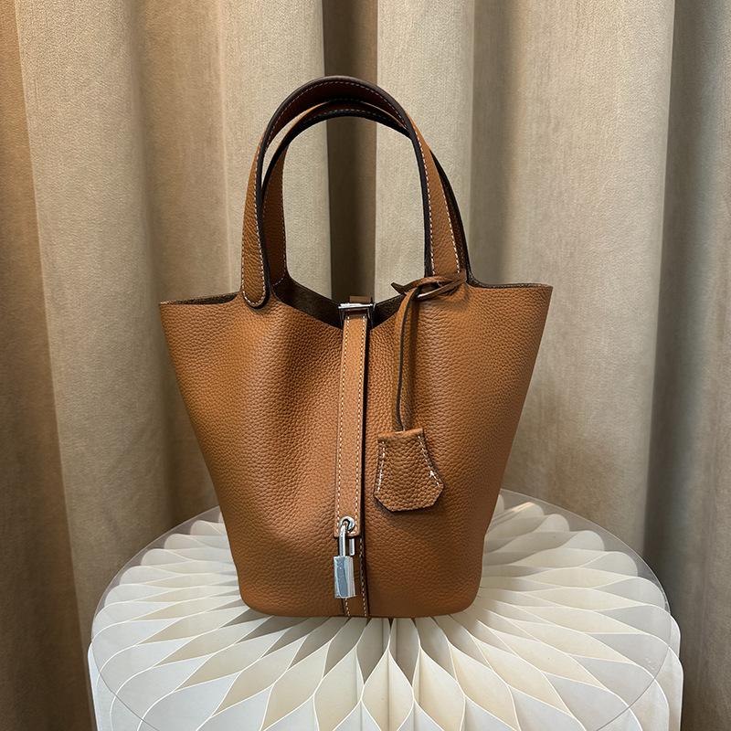 First Layer Cowhide Niche Handbag High Version Vegetable Basket Bag Genuine Leather Large Capacity High-end Sense Exquisite Bucket Bag