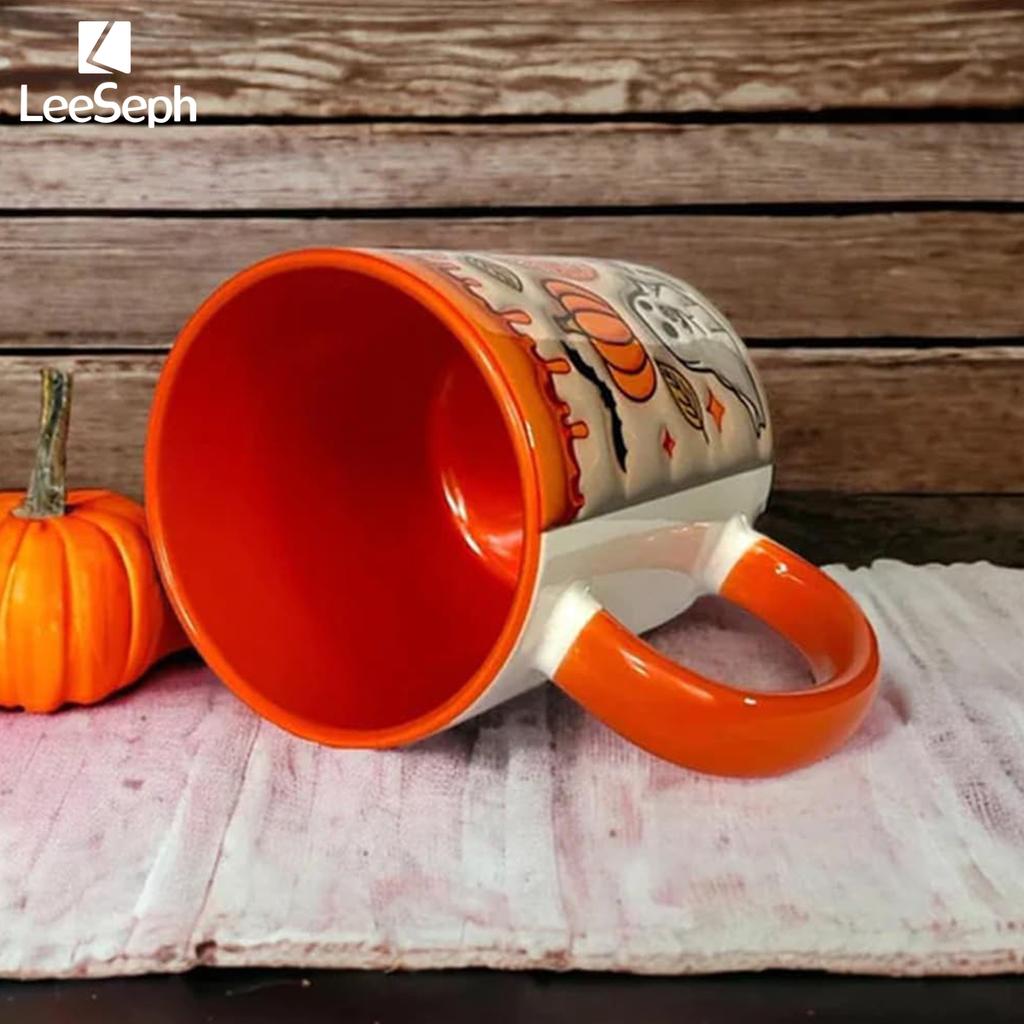 Leeseph 3D Effect Halloween Mug, Trick or Treat Halloween Pumpkin Ghost Ceramic Coffee Mug, Coffee Lover Halloween Decor Gift
