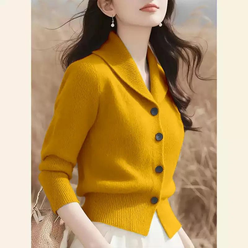 Spring Autumn Turndown Collar Women Knitt Cardigan Sweater Fashion Korean Version Female Knitwear Tops