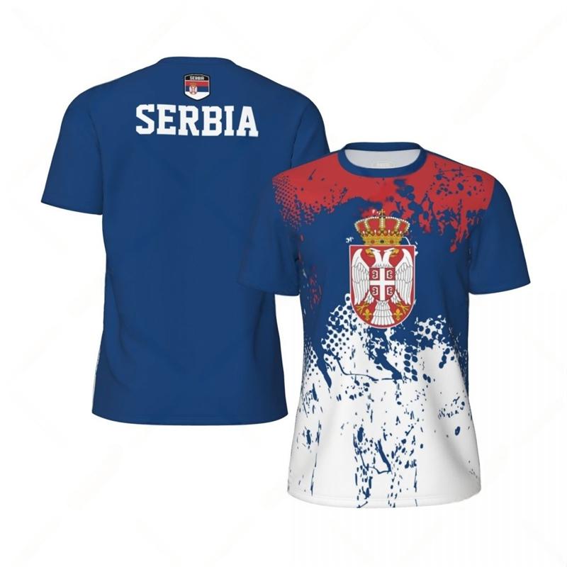 Modische Fußball-T-Shirts mit Serbien-Flaggen-Grafik für Herren, Sommer-Sport, 3D-Nationalwappen-Aufdruck, lockere, atmungsaktive T-Shirts