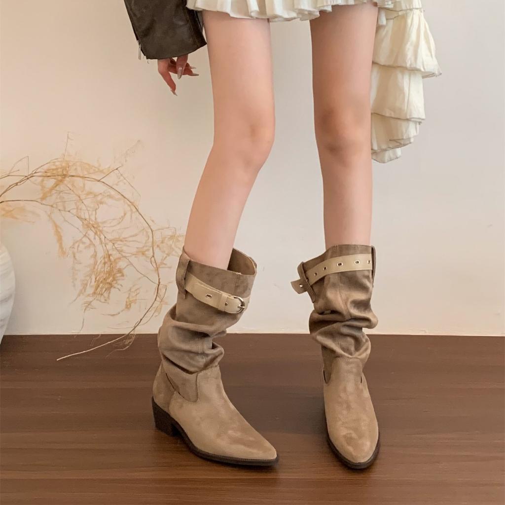 "American Lazy" Vintage Pleated Pile Boots Women's Autumn and Winter Pointed Western Cowboy Boots Coarse Heel Medium Knight Boots